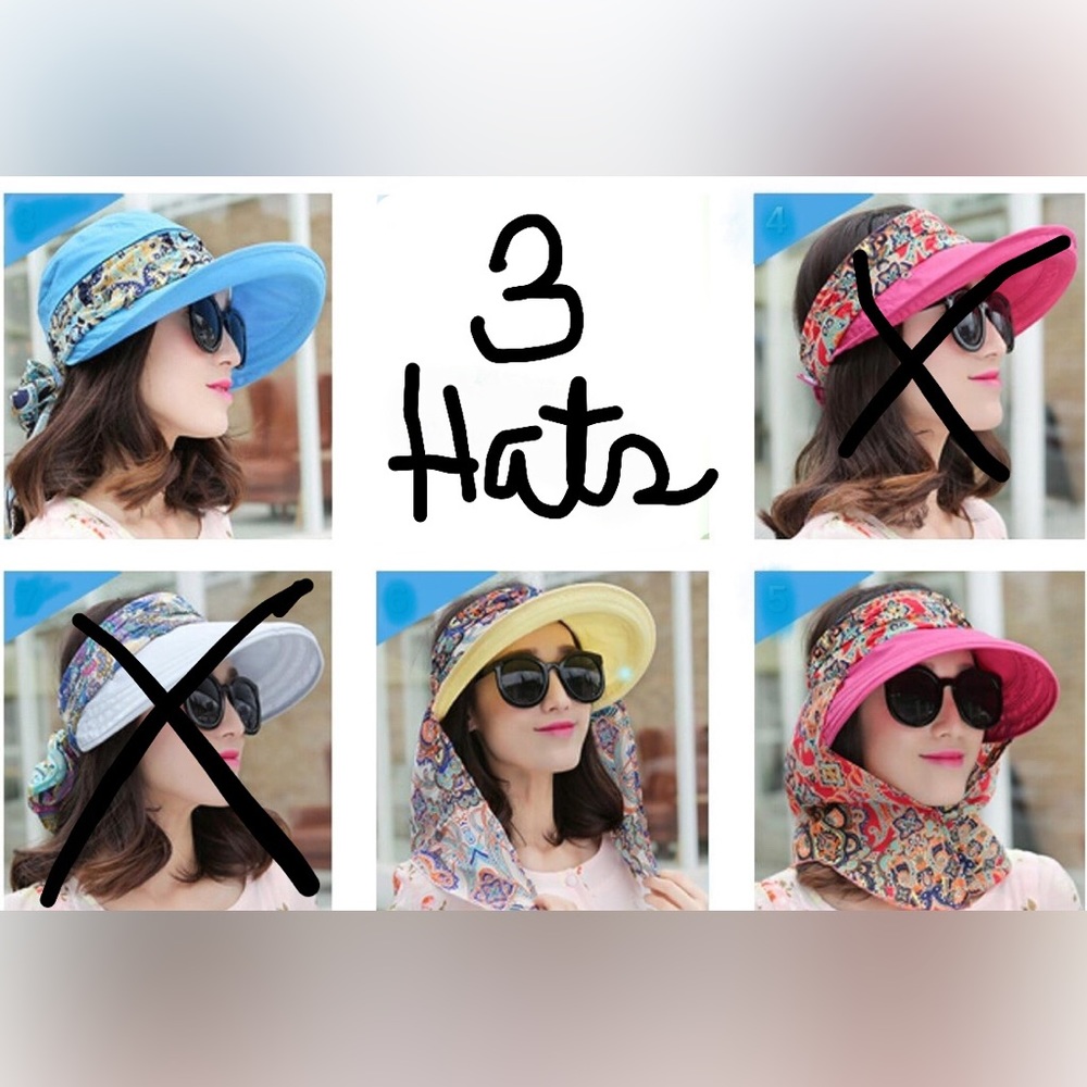 Lot of 3 Stylish 2-in-1 Designed Sunhats W/removable Crown & Scarf